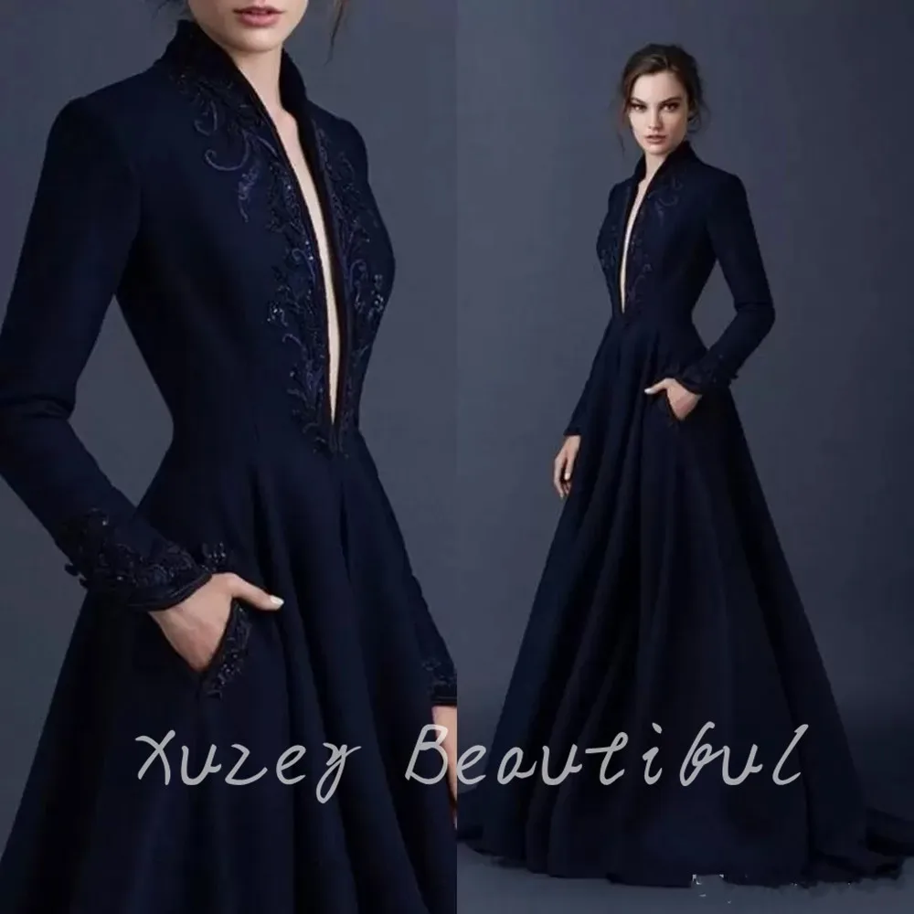 Vintage Navy Blue Satin Evening Dresses Luxury2022 Embroidery Beaded Party Ball Gown V Neck Lace Prom Celebrity Dress 드레스 Robe
Vintage Navy Blue Satin Evening Dresses Luxury2022 Embroidery Beaded Party Ball Gown V Neck Lace Prom Celebrity Dress 드레스 Robe