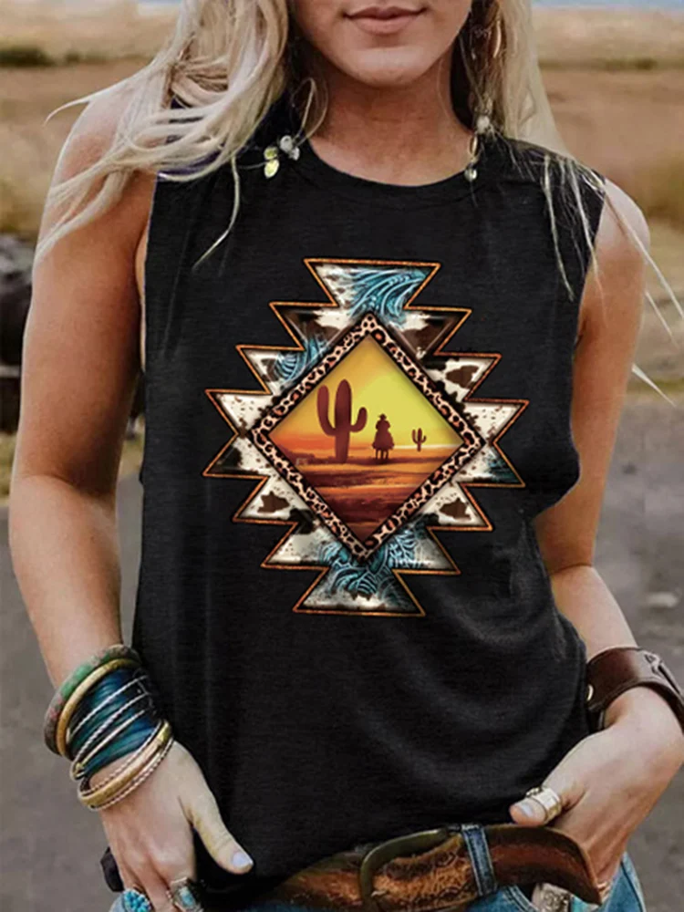 

Aztec Cow Bull Skull Tank Tops for Women Western Country Cowgirl Boho Sleeveless Shirts Desert Cactus Retro Vintage Sunset Tanks