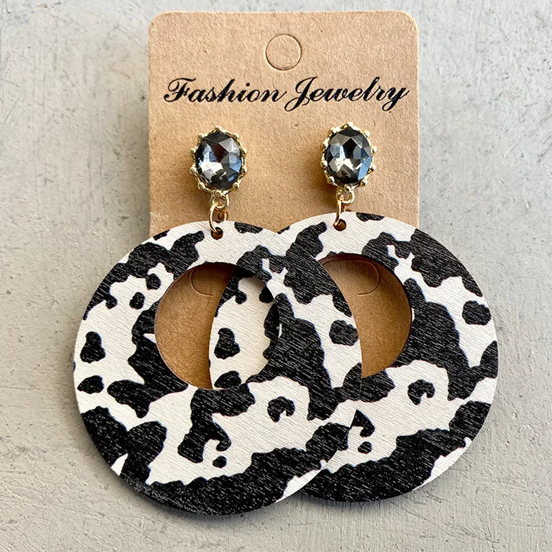 

2021 Jewelry European and American Retro Style Wood and Wooden Earrings Creative Ins Cow Leopard Ring Exaggerated Earrings