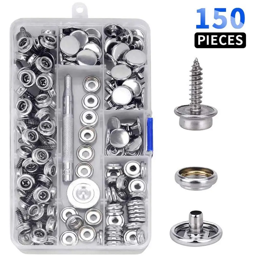 

150 Pieces Stainless Steel Marine Grade Canvas and Upholstery Boat Cover Snap Button Fastener Kit 15mm Screws Snaps with tool