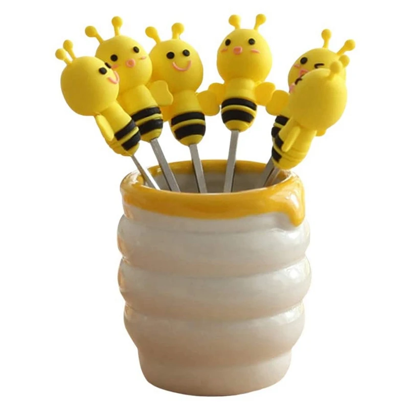 Exquisite And Cute Silicone Bee Fruit Fork Set Stainless Steel Dessert Fork With Ceramic Stand 7 Pieces
Exquisite And Cute Silicone Bee Fruit Fork Set Stainless Steel Dessert Fork With Ceramic Stand 7 Pieces