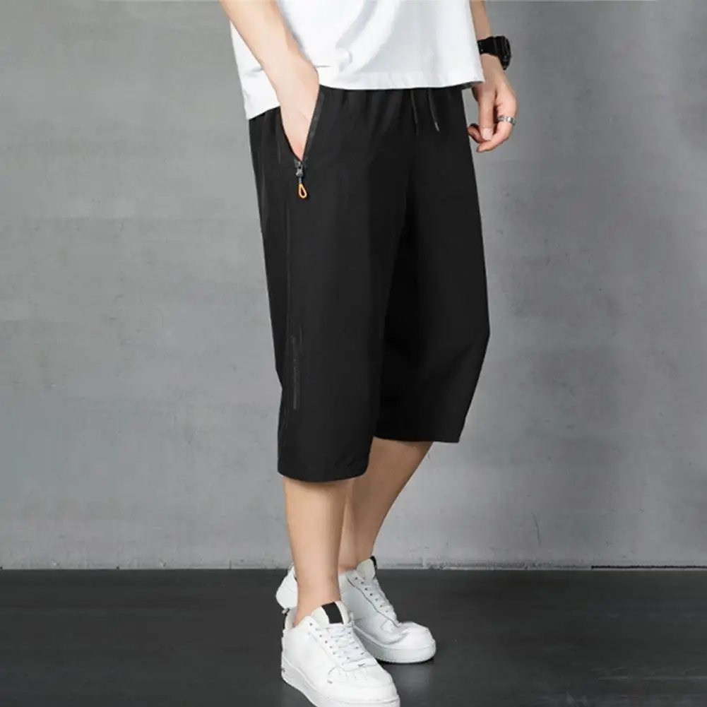 

Simple Cropped Pants Elastic Waistband Comfy Ice Silk Loose Cropped Pants Anti-pilling Calf-Length Pants Daily Garment