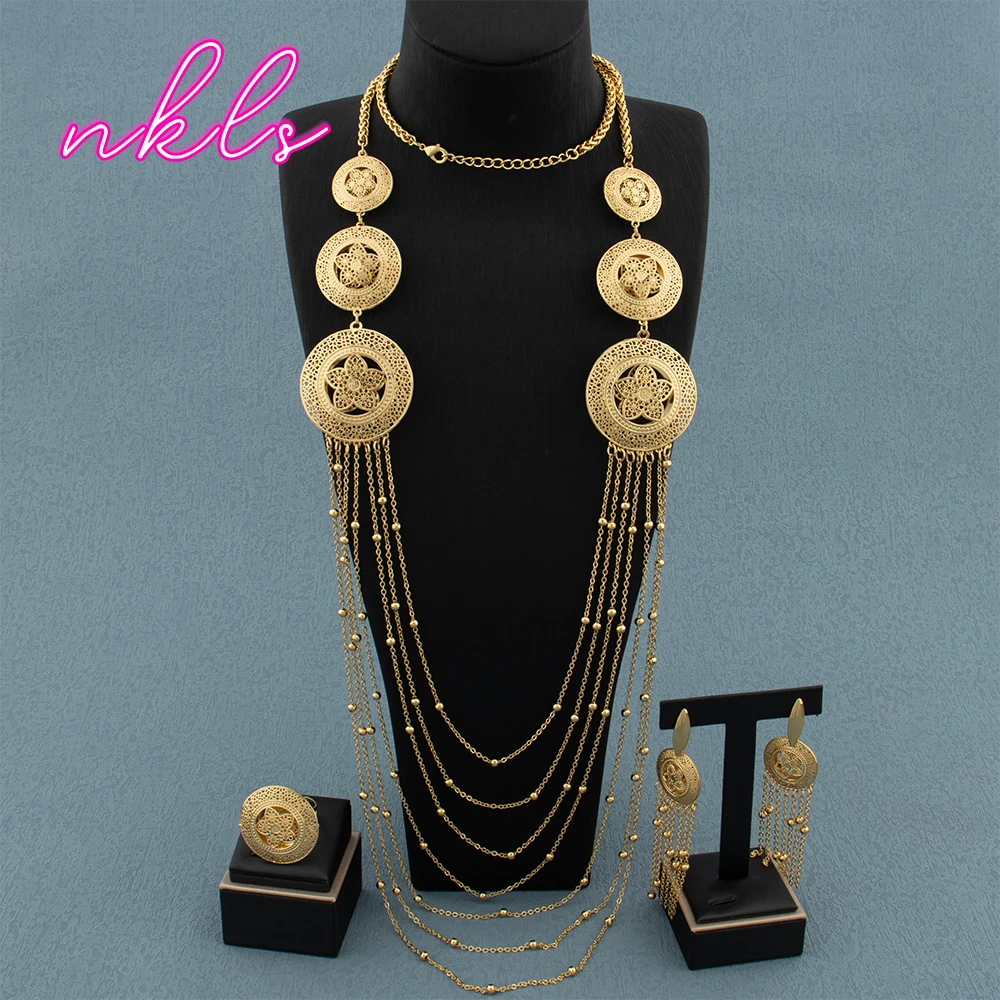 18K Gold Color Long Chain Necklace Fashion Earrings Ring Set Dubai Classic Jewelry Sets African Weddings Jewellery Party Gift
18K Gold Color Long Chain Necklace Fashion Earrings Ring Set Dubai Classic Jewelry Sets African Weddings Jewellery Party Gift