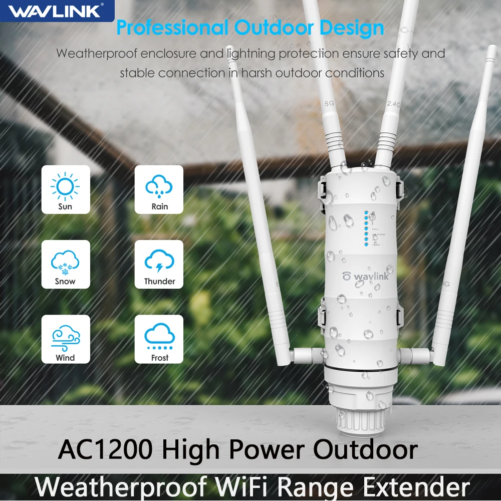 

Wavlink AC1200 High Power Outdoor Weatherproof WiFi Range Extender/AP/Mesh Agent Dual Dand 2.4G&5.8Ghz Wireless WiFi Router POE