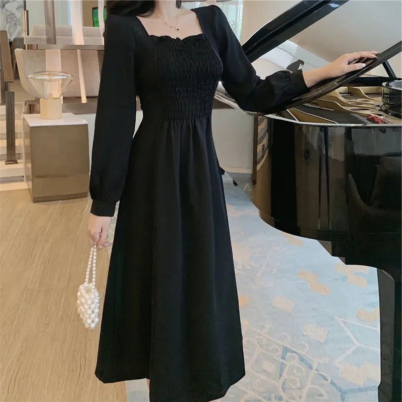 

Женское платье с длинным рукавом, элегантное черное платье-трапеция до середины икры во французском стиле с квадратным вырезом и высокой та...