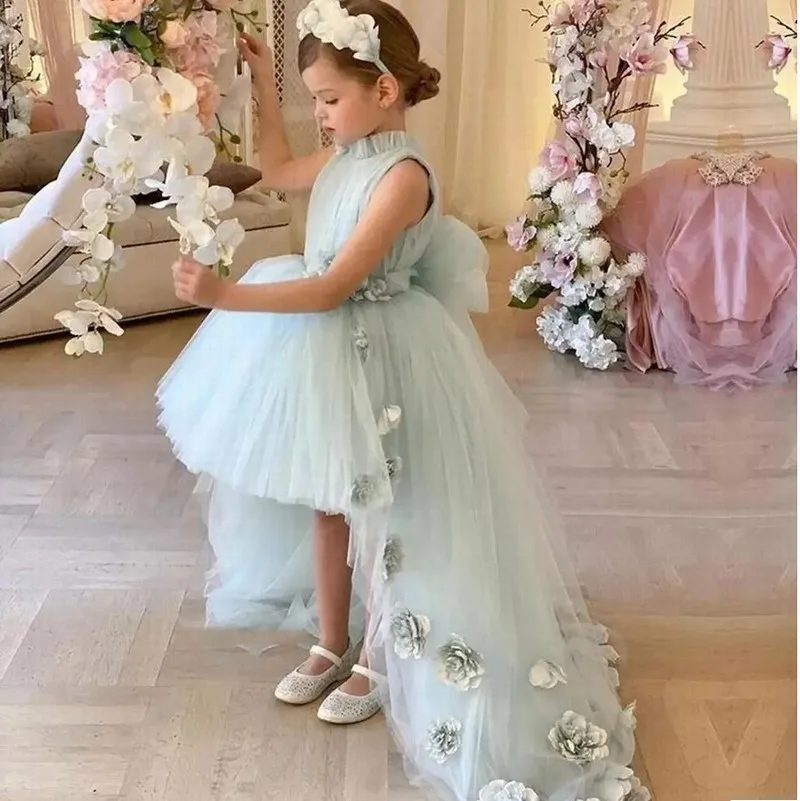 

Lovely Tulle Flower Girl Dresses for Weddings High Neck Sleeves Sweep Train 3D Floral Applique Communion Dress Girls Pageant