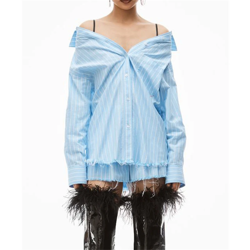 2023ss new women's pinstripe printed off-the-shoulder long-sleeved shirt y2k high-quality fashion loose casual tasselshorts suit
2023ss new women's pinstripe printed off-the-shoulder long-sleeved shirt y2k high-quality fashion loose casual tasselshorts suit