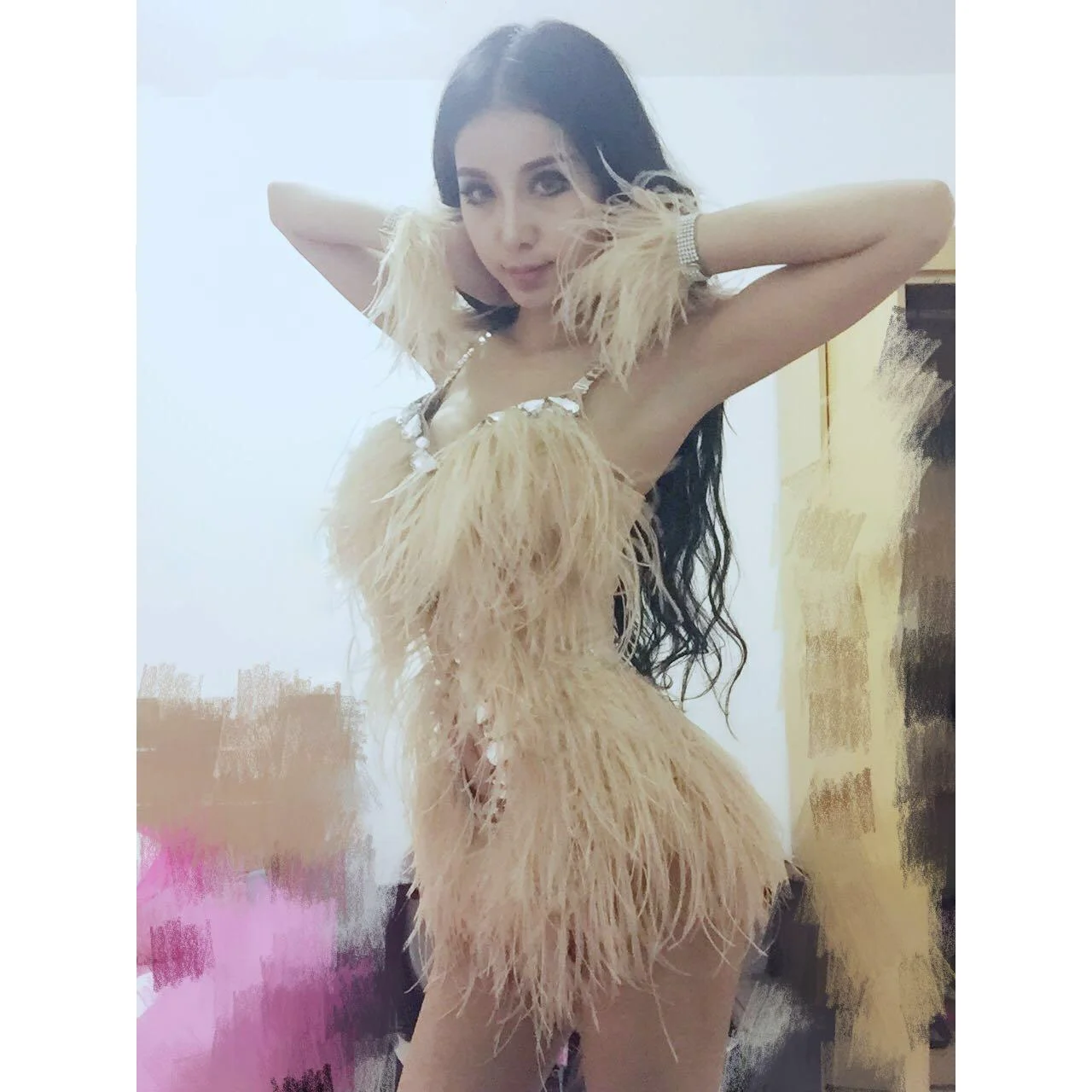 Nightclub bar stage DJ female singer performance clothes skin color ostrich hair atmosphere super sexy Bodysuit
Nightclub bar stage DJ female singer performance clothes skin color ostrich hair atmosphere super sexy Bodysuit