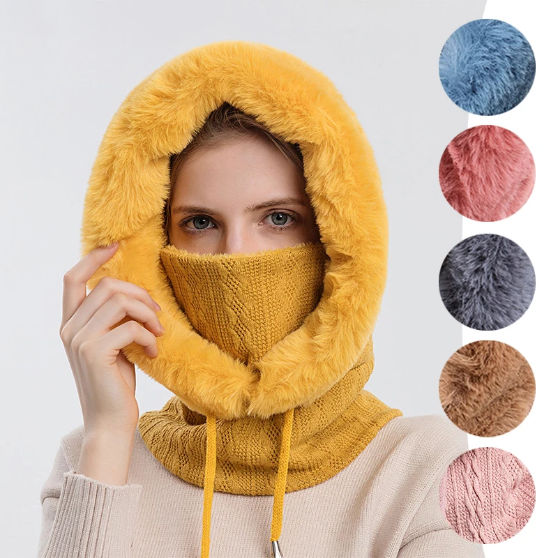 Knitting Cashmere Neck Warm Winter Knitted Hat Hooded Scarf Set Thick Plush Fluffy Beanies Cap Cold-proof Headband Scarves Soft 
Knitting Cashmere Neck Warm Winter Knitted Hat Hooded Scarf Set Thick Plush Fluffy Beanies Cap Cold-proof Headband Scarves Soft