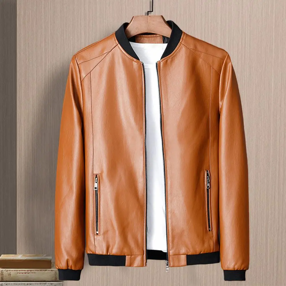 

Spring Autumn Men Motorcycle Jacket Ribbing Bottom Solid Color Stand Collar Slim Korean Style Ribbed Cuff Coat for Daily Wear