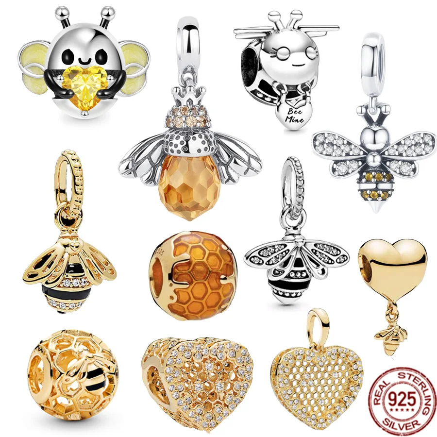 

Hot Sale Original Bee Embraces Heart Gem Charm Gold plated Bee Pendant Bead Fit Pandora Bracelet 925 Sterling Silver DIY Jewelry