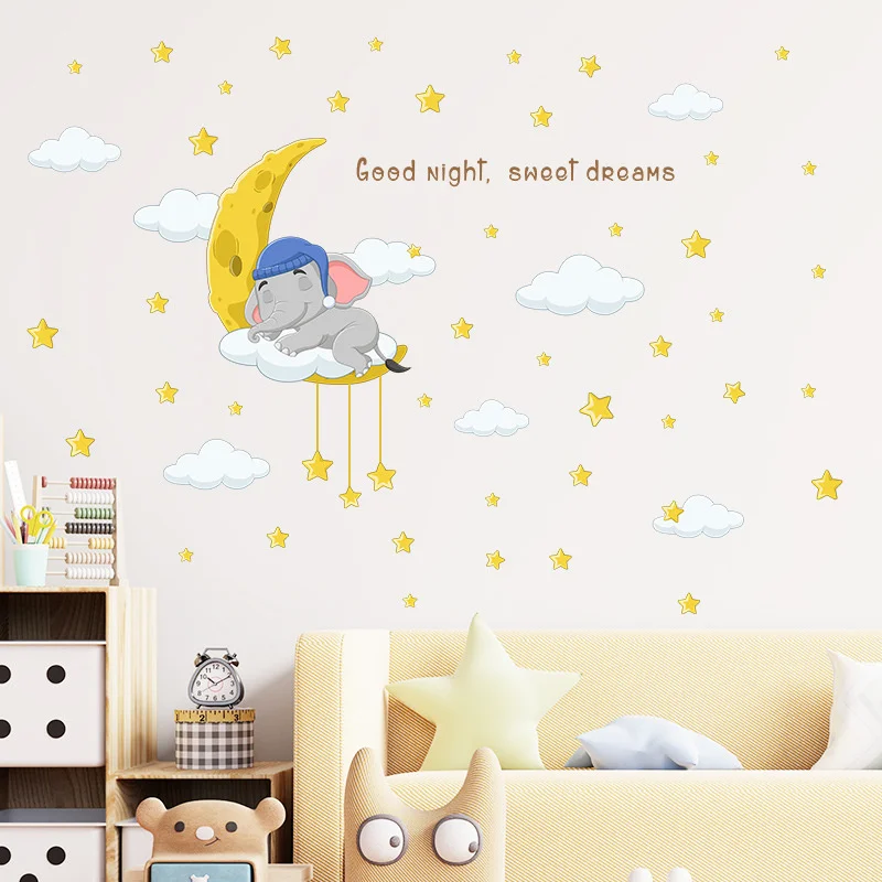 Cute Cartoon Elephant Wallpaper Dreamlike Star Moon Cloud Sticker Good Night Children's Room Kindergarten Home Wall Decoration
Cute Cartoon Elephant Wallpaper Dreamlike Star Moon Cloud Sticker Good Night Children's Room Kindergarten Home Wall Decoration