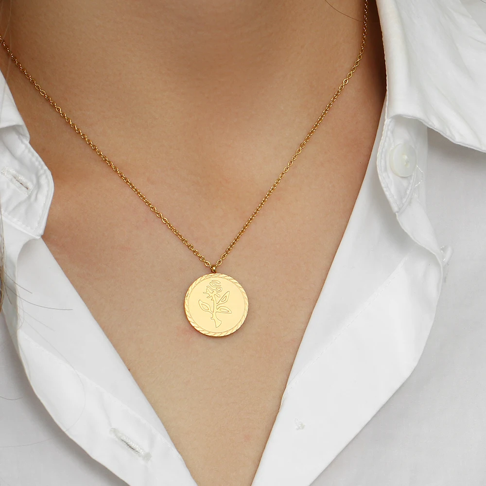 Fashion Minimalist Rose Enagraved Coin Necklace 18K Gold Plated Titanium Steel Flower Pendant Necklace For Female Ladies
Fashion Minimalist Rose Enagraved Coin Necklace 18K Gold Plated Titanium Steel Flower Pendant Necklace For Female Ladies