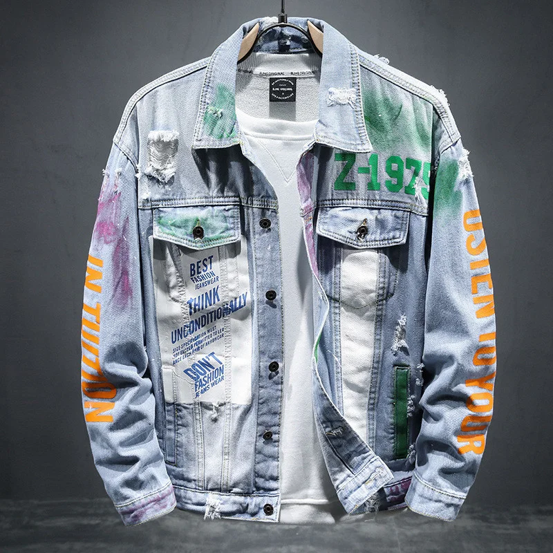 Mens Hi Street Graffiti Ripped Denim Jacket Fashion Streetwear Painted Jeans Coat With Holes Distressed Outerwear Big Size 5XL
Mens Hi Street Graffiti Ripped Denim Jacket Fashion Streetwear Painted Jeans Coat With Holes Distressed Outerwear Big Size 5XL