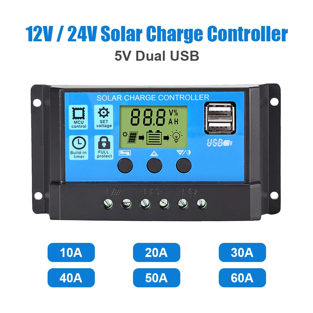 Solar Controller 10A 20A 30A 40A 50A 60A PWM Battery Charger LCD Display 12V 24V Auto 5V Dual USB Ports Solar Panel PV Regulator
Solar Controller 10A 20A 30A 40A 50A 60A PWM Battery Charger LCD Display 12V 24V Auto 5V Dual USB Ports Solar Panel PV Regulator