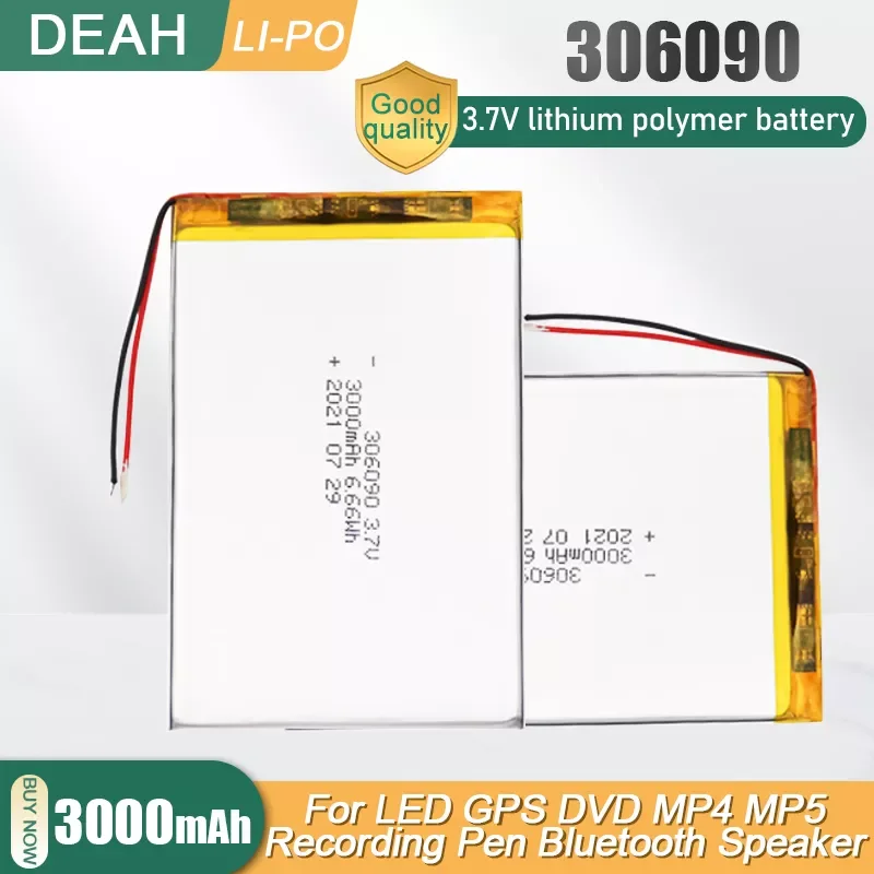 306090 3.7V 3000mAh Lithium Polymer Rechargeable Battery For MP4 GPS PSP Tablet PC LED Light Bluetooth Speaker Li-ion Lipo Cell
306090 3.7V 3000mAh Lithium Polymer Rechargeable Battery For MP4 GPS PSP Tablet PC LED Light Bluetooth Speaker Li-ion Lipo Cell