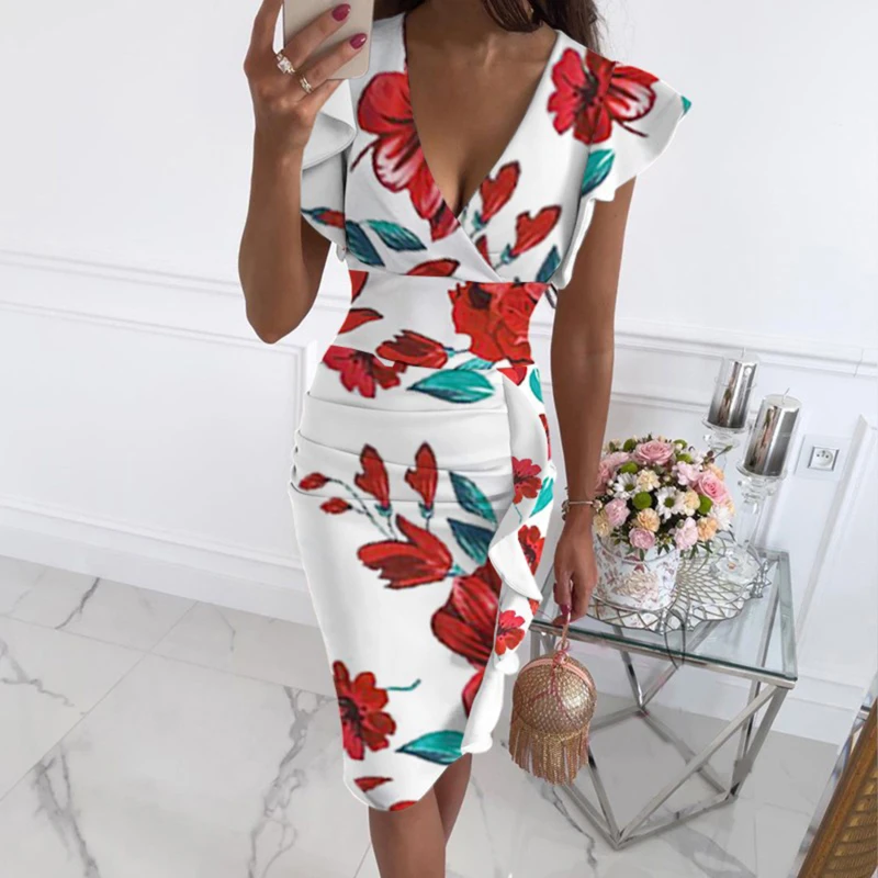 Sexy V-Neck Slim Office Lady Dress Ruffle Short Sleeve Bodycon Knee-length Dresses For Women Casual Summer Female Work Dress
Sexy V-Neck Slim Office Lady Dress Ruffle Short Sleeve Bodycon Knee-length Dresses For Women Casual Summer Female Work Dress