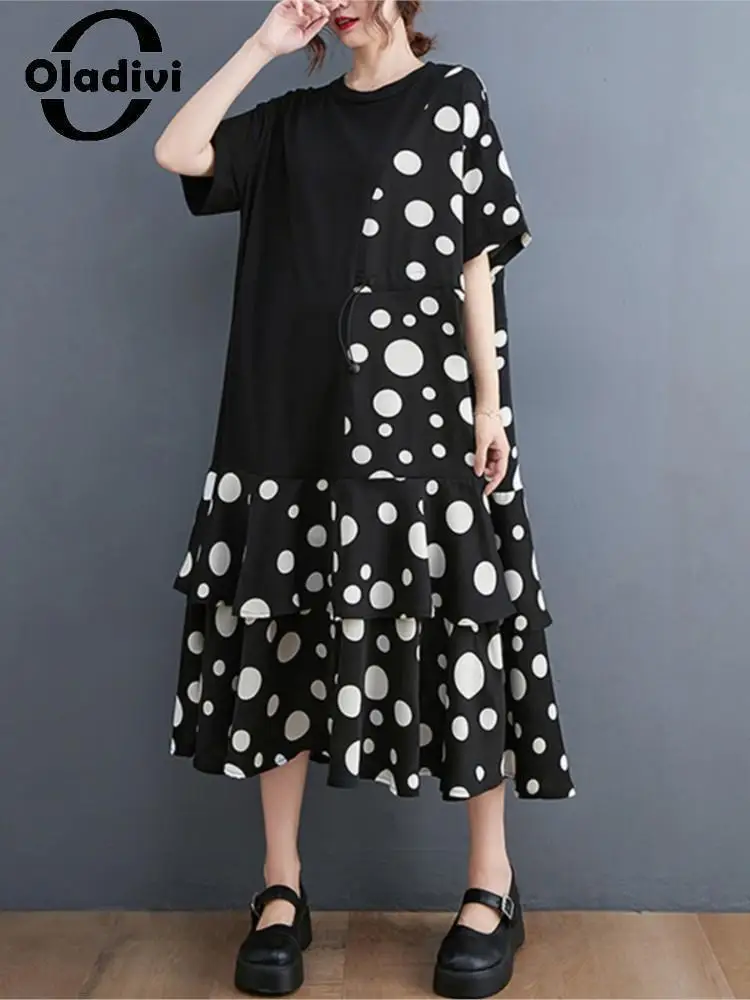 

Oladivi Women Fashion Polk Dot Print Ruffle Dress 2022 Summer New Casual Loose Short Sleeve Dresses Oversized Clothing 9029 6XL