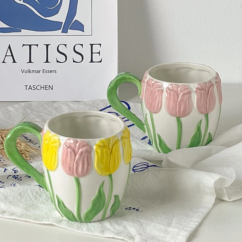 

Creative Embossed Hand Painted Tulip Ceramic Mugs Personalized Flower Coffee Cup Beautiful Breakfast Milk Mug Kitchen Tableware