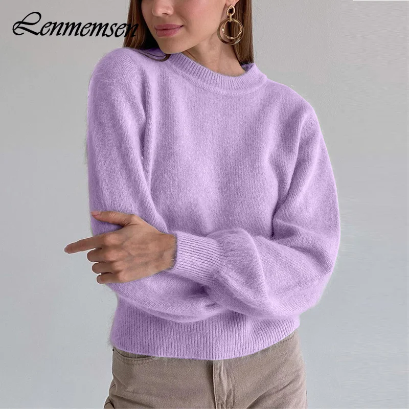 

Lenmemsen Cashmere Loose Knitted Sweater Women Autumn Winter Casual O-neck Soft Solid Pullover Female Trendy Warm Basic Knitwear