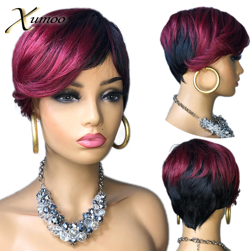 

Short Bob Pixie Straight Ombre Red 99J Burgundy Color Full Machine Made Human Hair Wigs for Black Women With Bangs Prepluck Remy