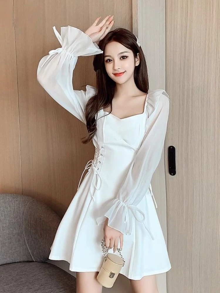Dress Women Summer Temperament Square Collar Long Sleeve Chiffon Patchwork Slim A-line Sexy Bandage Tunic Fashion Streetwear Ins
Dress Women Summer Temperament Square Collar Long Sleeve Chiffon Patchwork Slim A-line Sexy Bandage Tunic Fashion Streetwear Ins