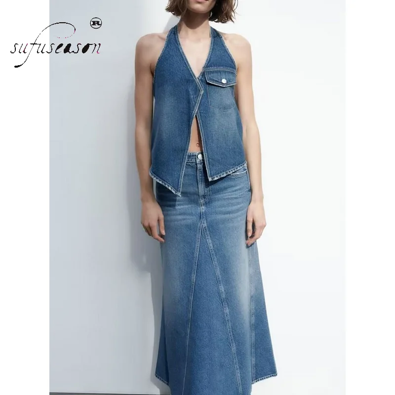 

2023 Summer Fashion Casual Women Denim Blue Vest Halter V Neck Halte Button Sleeveless Backless Asymmetric Top Female Tanks Y2K