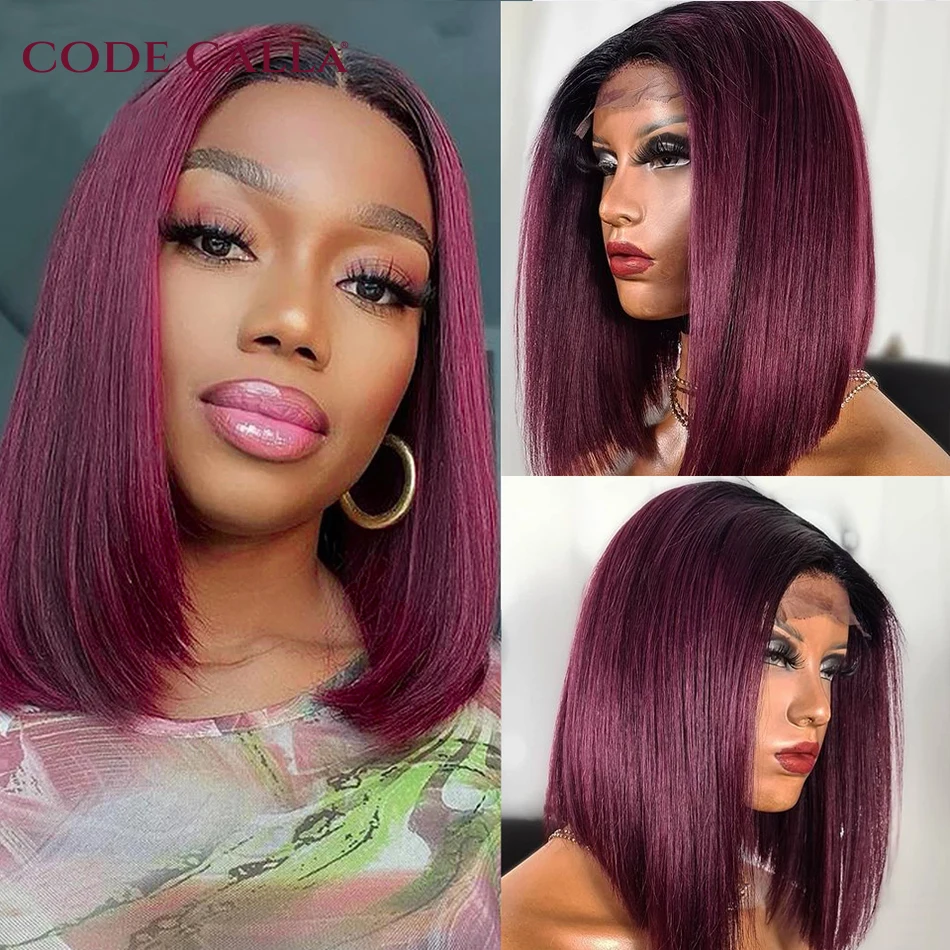 

Short Bob T Part Lace Front Wig 1B 99J Straight Burgundy Human Hair Wig Brazilian Remy Pre Plucked Ombre Wine Red 180 Density