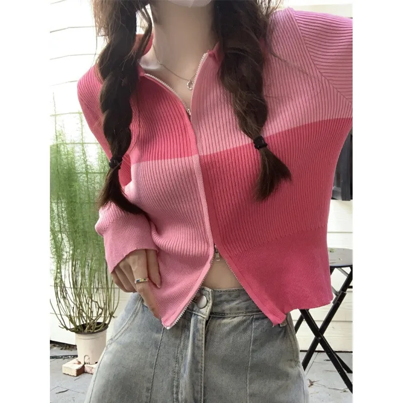 

Весенне-осенний пикантный облегающий свитер, черная, белая, Розовая Трикотажная рубашка контрастных цветов, тонкий кардиган, Топ с длинным ...