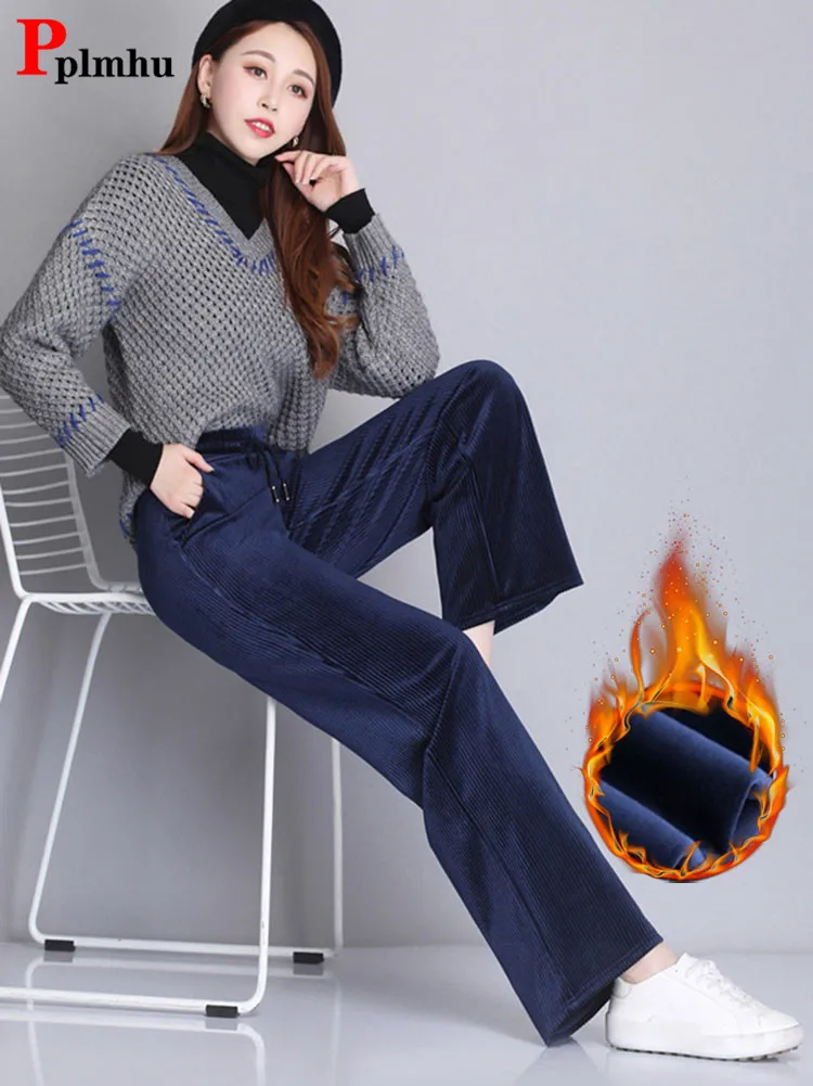 

Теплые плотные бархатные широкие брюки, женские зимние вельветовые прямые брюки большого размера 3xl с эластичным поясом и плюшевой подкладкой для офиса