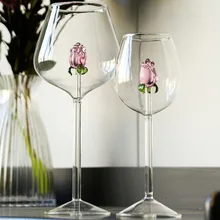 1 Piece Creative 3D Pink Glass Rose Build-in Red White Wine Glasses Cup Stemware Goblets Champagne Flute Household Lovely Gift