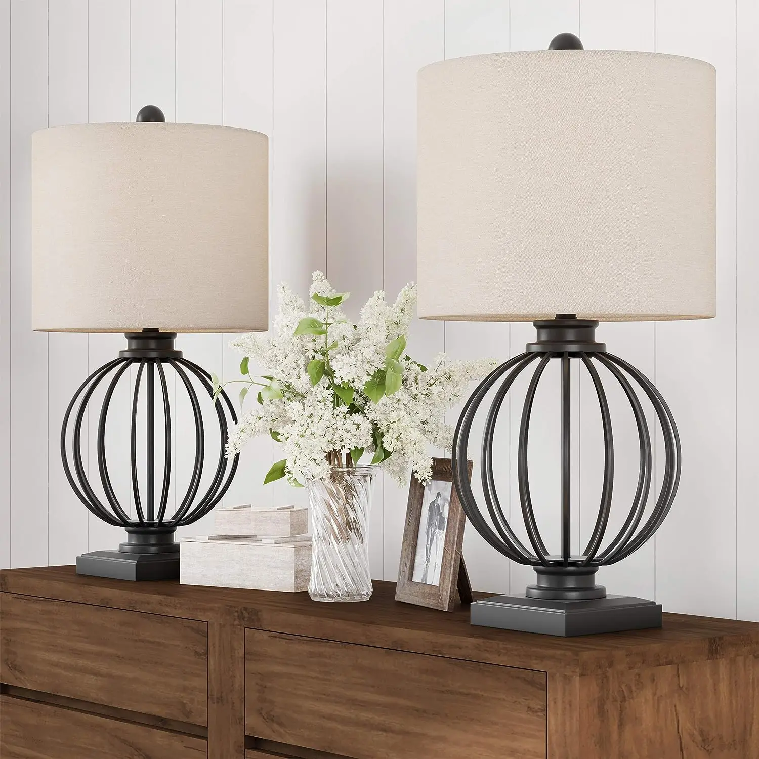 Modern Table Lamps Set of 2 Wrought Iron Open Cage Lights with LED Bulbs or Bedside by Lavish, Matte Black and Natural Linen,
Modern Table Lamps Set of 2 Wrought Iron Open Cage Lights with LED Bulbs or Bedside by Lavish, Matte Black and Natural Linen,