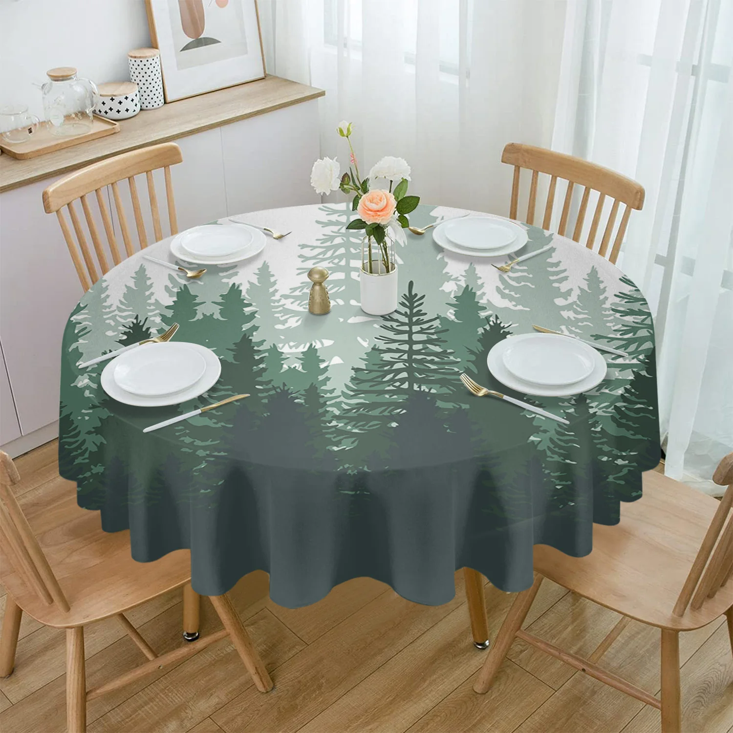 

Forest Gradual Change Abstract Green Waterproof Tablecloth Table Decoration Wedding Home Kitchen Dining Room Round Table Cover