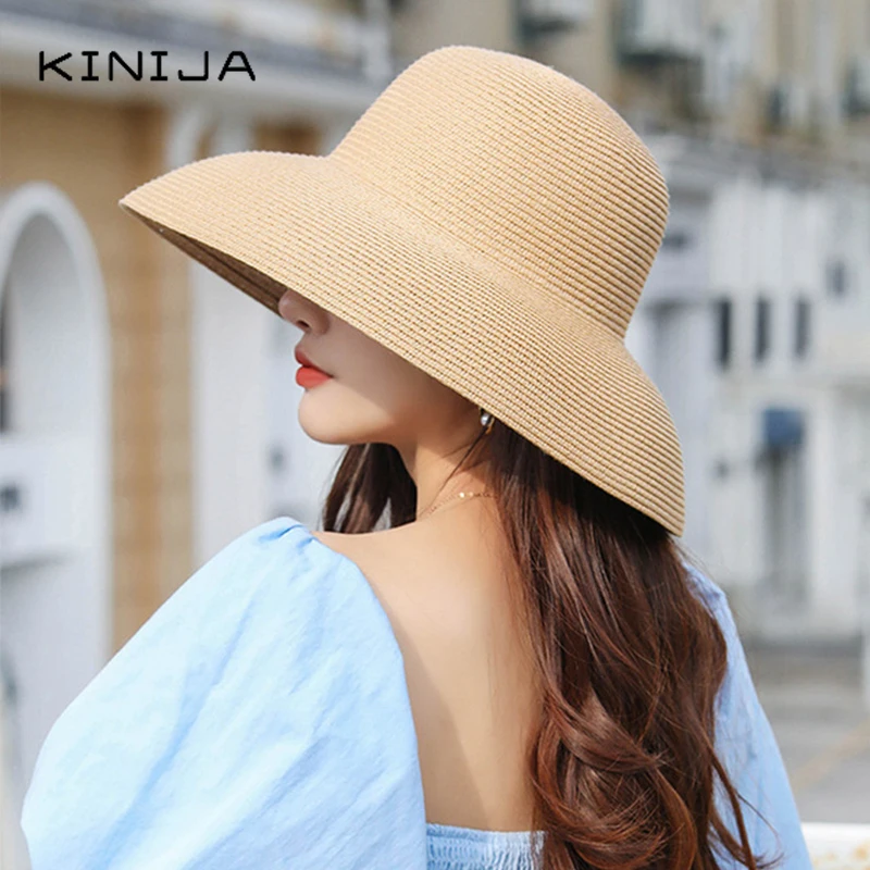 

Summer Sun Hat Ladies Solid Plain Elegant Wide Brim Hat Women Vacation UV Protection Floppy Straw Beach Hat Panama Chapeau
