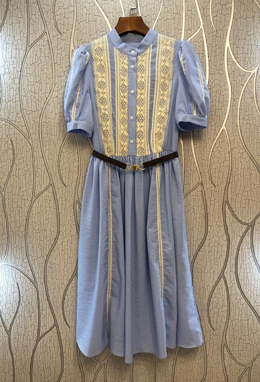2022 new women fashion stitching water soluble lace puff sleeve short sleeve belt slim dress 424
2022 new women fashion stitching water soluble lace puff sleeve short sleeve belt slim dress 424