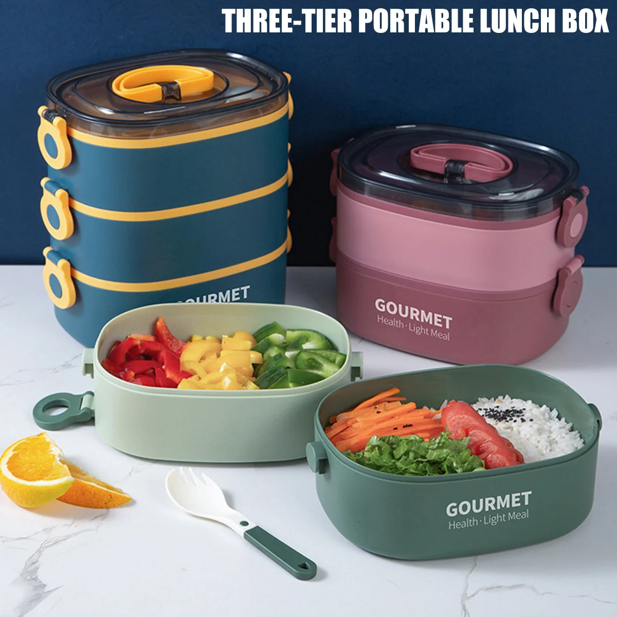 

Lunch Box 2000ML 3-Tier Stackable Bento Case Sealed Leak-proof Meal Box Microwave Safe Portable Students Workers Food Container