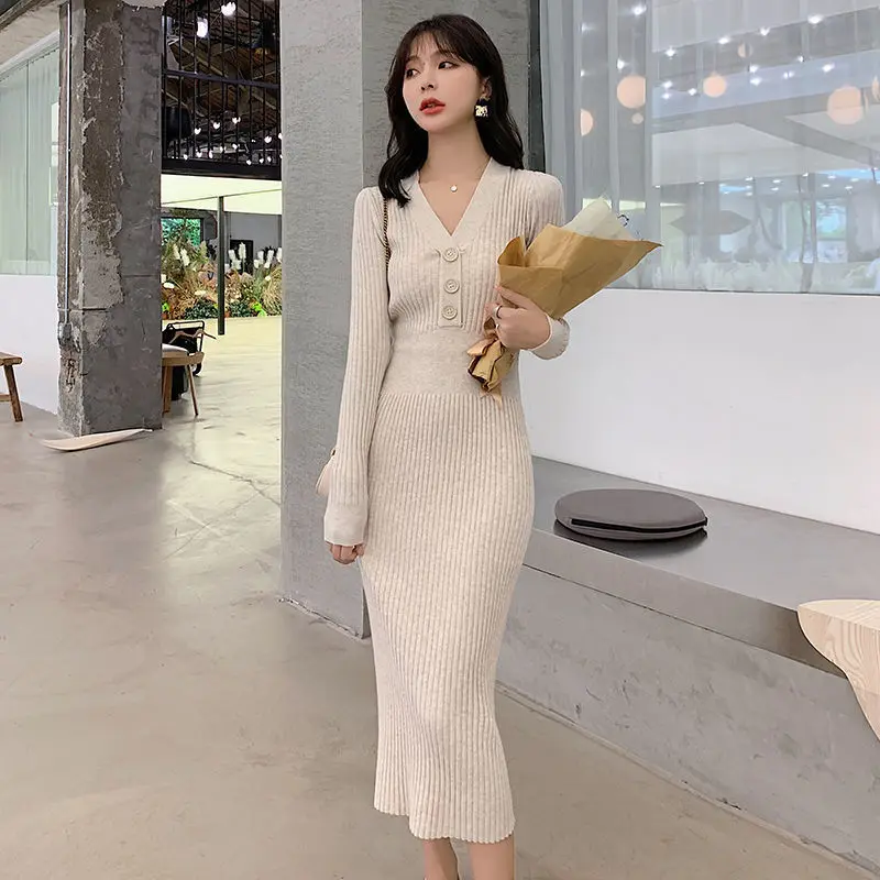 Women Knitted Long Sleeve Sweater Dress Female V-neck Elegant Mid Length Slim Solid Casual Robe Dresses Clothing Vestidos G40
Women Knitted Long Sleeve Sweater Dress Female V-neck Elegant Mid Length Slim Solid Casual Robe Dresses Clothing Vestidos G40