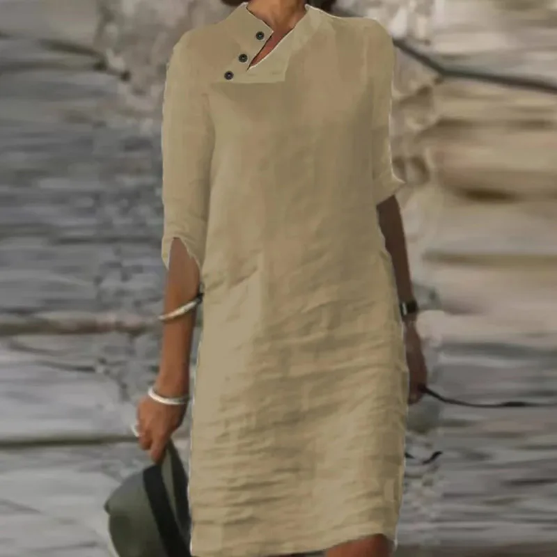 Spring Cotton Linen Loose Medium Length Dress Retro Button Stand Collar Half Sleeve Commuter Dress Casual Solid Pullover Dresses
Spring Cotton Linen Loose Medium Length Dress Retro Button Stand Collar Half Sleeve Commuter Dress Casual Solid Pullover Dresses