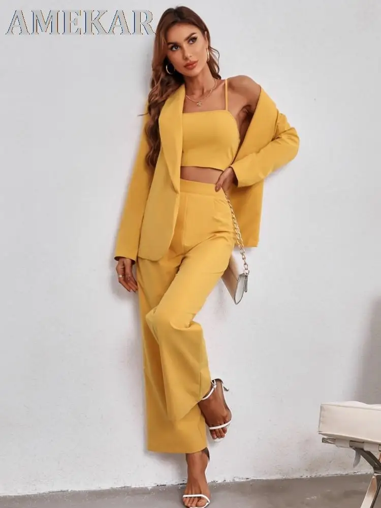 Shawl Collar Blazer & Cami Top & Tailore Pants Top Quality Ladies Suit 3 Pieces Set Office Fashion Temperament Slim Formal Suit
Shawl Collar Blazer & Cami Top & Tailore Pants Top Quality Ladies Suit 3 Pieces Set Office Fashion Temperament Slim Formal Suit
