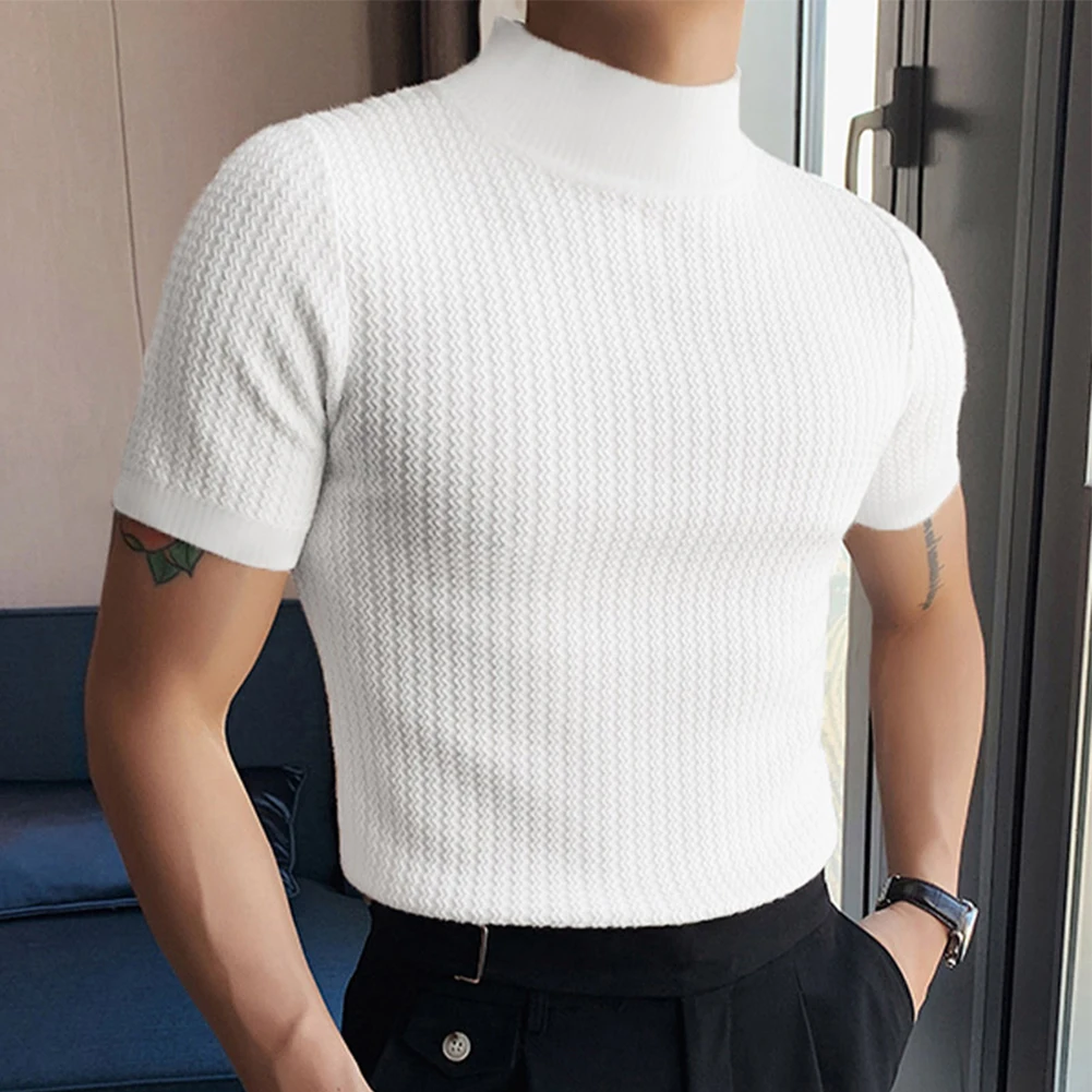 Fashion Men's Turtleneck Short Sleeve Knitted Solid Color Slim Fit T Shirts British Style Simple Casual Tee T-Shirt Top Clothing
Fashion Men's Turtleneck Short Sleeve Knitted Solid Color Slim Fit T Shirts British Style Simple Casual Tee T-Shirt Top Clothing