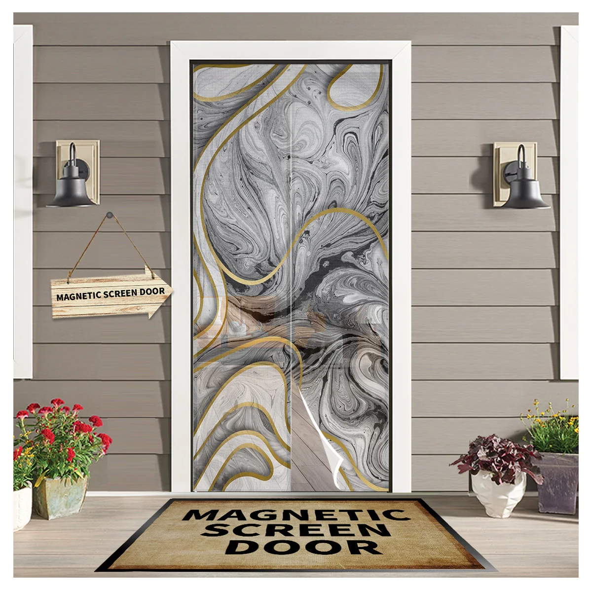 

Marble Texture White Lines Magnetic Mosquito Screen Door Curtain Anti Insect Door Mesh Automatic Closing Kitchen Curtain Panels