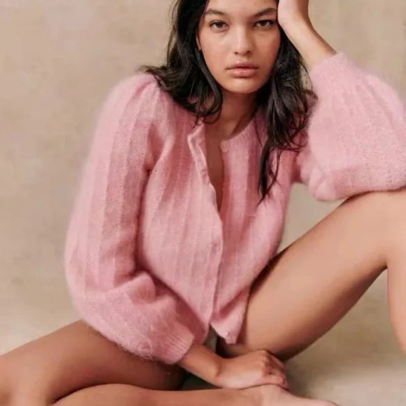 Женский шерстяной вязаный кардиган с круглым вырезом и рукавами-фонариками, Осень-зима 2023