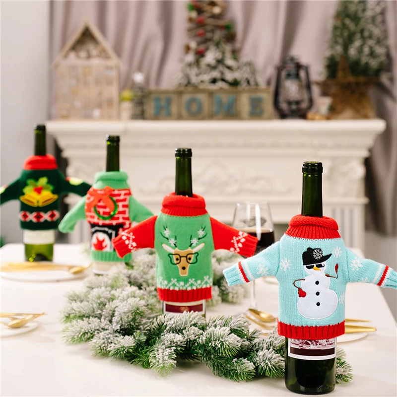 

Вязаные рождественские украшения для винных бутылок, новый год, Рождество, семейный ужин, вечеривечерние, Санта-Клаус, винный чехол