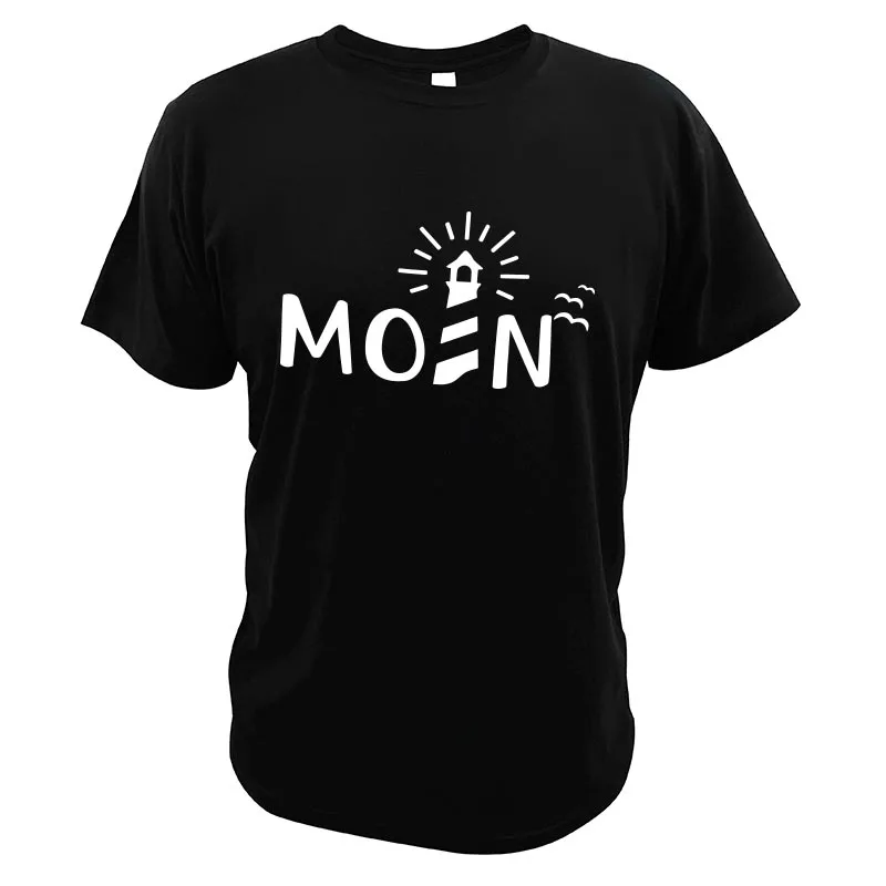 

Moin mit Leuchtturm T-Shirt Men's Slogan Saying Coast Statement Short Sleeve Crewneck Soft 100% Cotton Summer Top EU Size