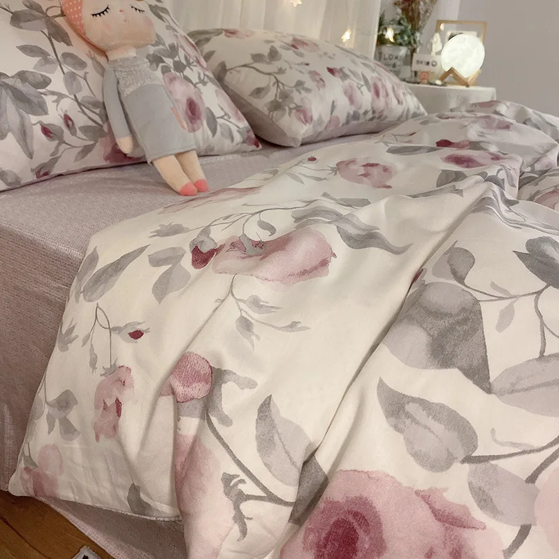 

Idyllic rose cotton bed four-piece set cotton ink painting retro bed sheet quilt cover bedding dormitory three-piece set