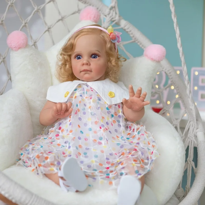 

60cm Reborn Baby Doll Cute Golden Curly Girl Vinyl Full Hybrid Silicone Simulation Baby Princess Doll Handmade Hair Transplant