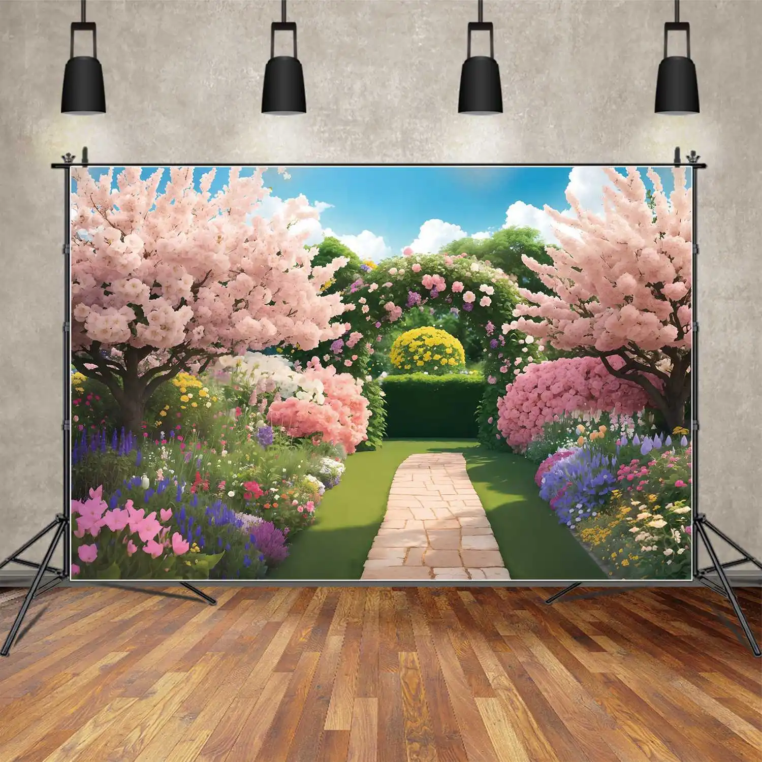 

Green Grass Flowers Party Wall Backdrops Photography Decor Arch Door Custom Children'S Photo Booth Photographic Backgrounds