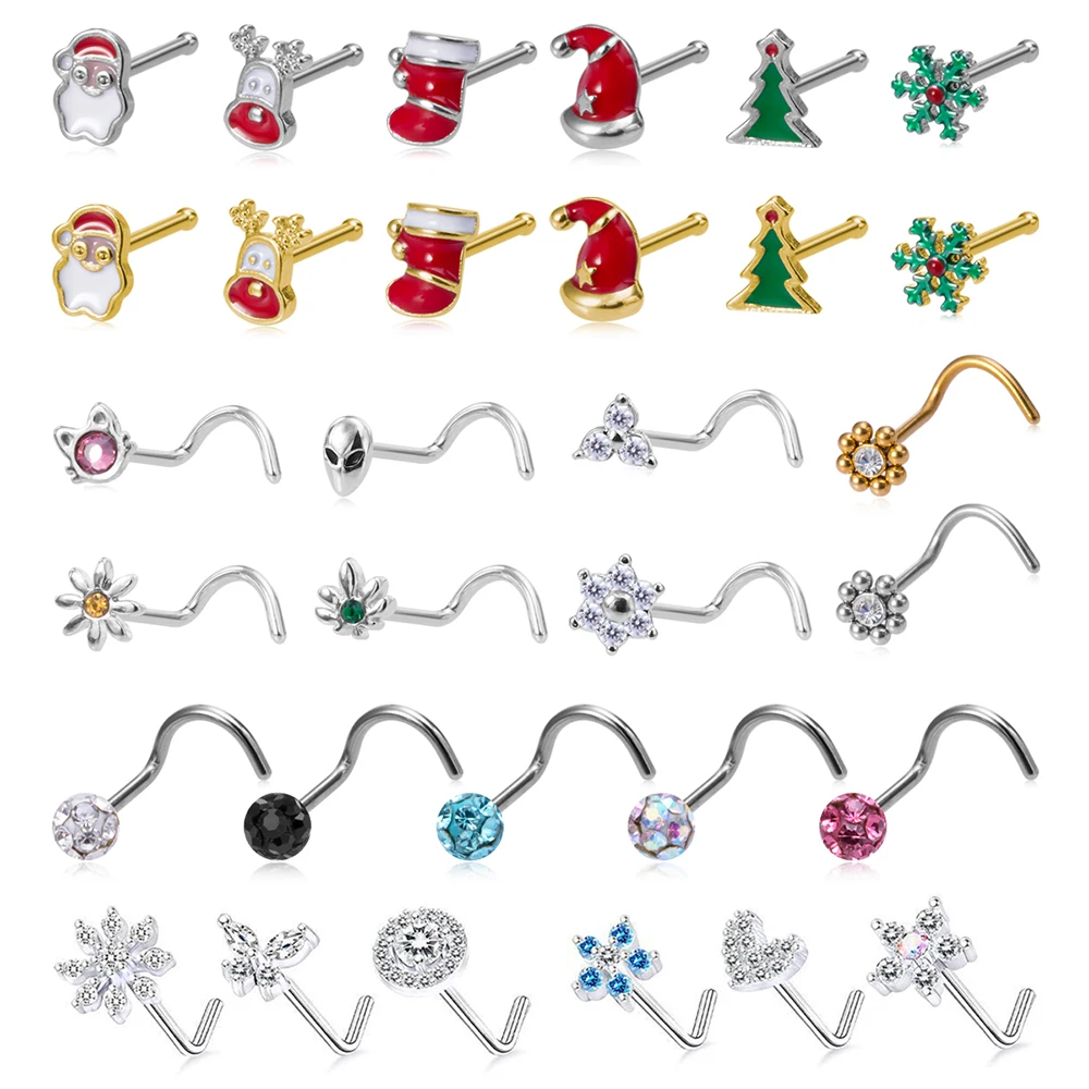 

1pc 20g Nose Rings Studs 316L Surgical Steel CZ Crystal Nostril Piercing Jewelry for Women Christmas Screw Bone L Bend Nose Stud
