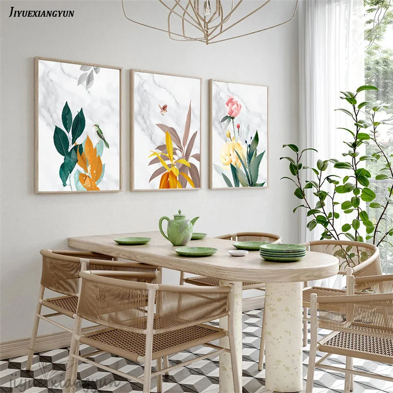 

Минималистичный абстрактный мраморный постер, зеленые растения, цветы и птицы, Картина на холсте, интерьер для гостиной, домашний декор