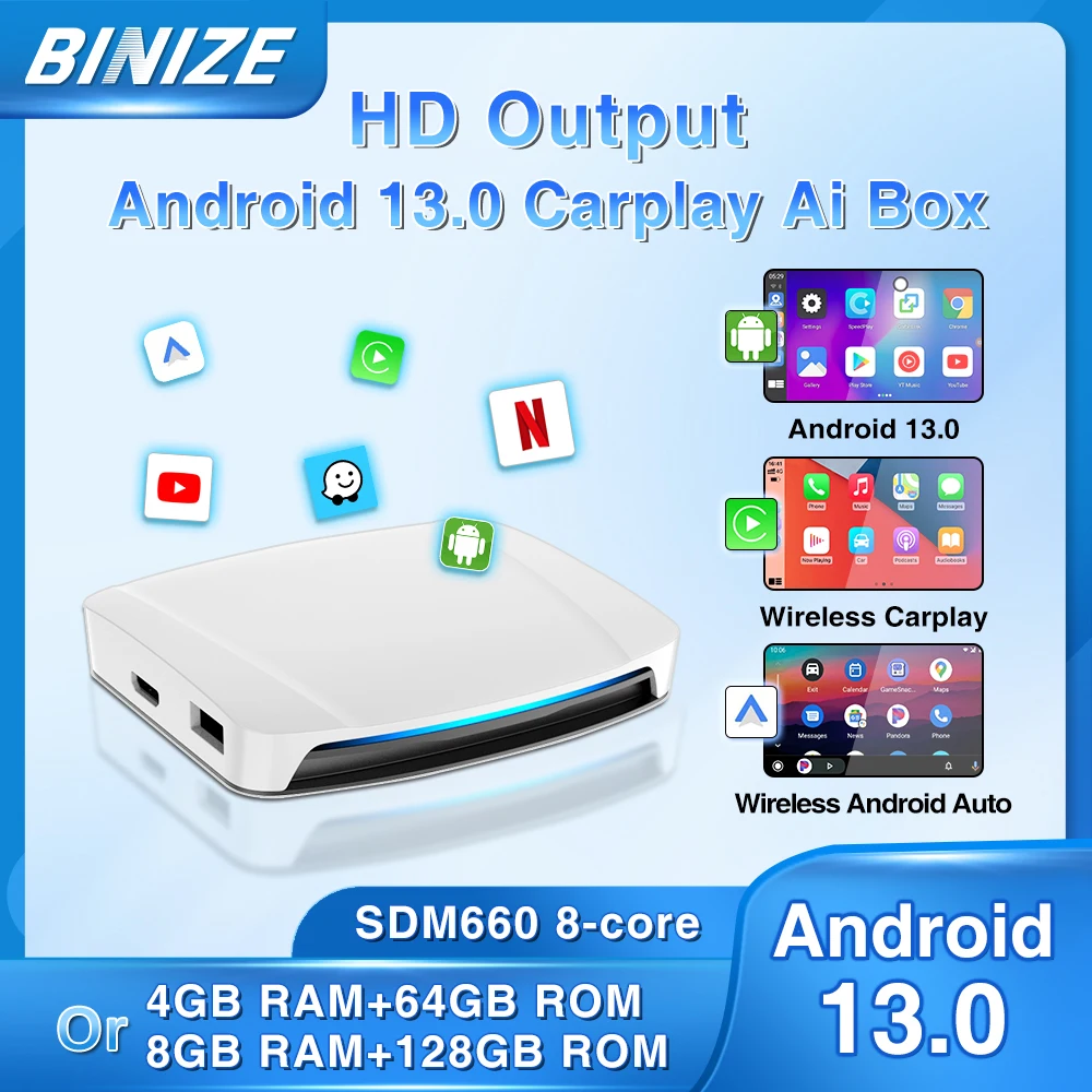 Binize Android 13.0 CarPlay Ai Box Wireless Auto для Netflix автомобиля с проводным OEM